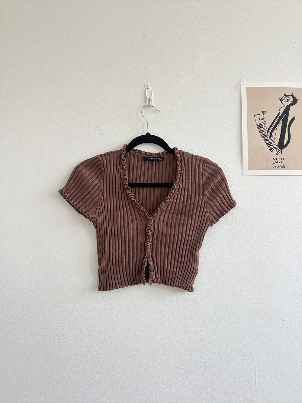 Cotton Candy Brown Ribbed Ruffle-Trim V-Neck Crop Top